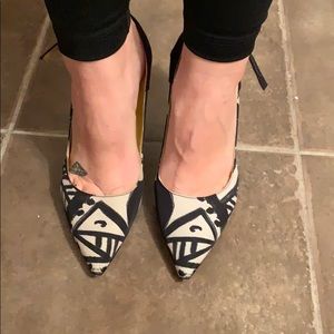 Nine West nylon printed and suede sling back heels